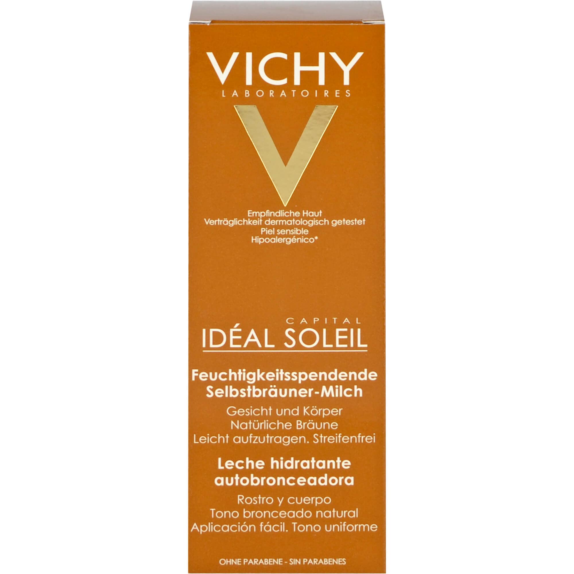Vichy Ideal Soleil Selbstbräuner-Milch für Gesicht und Körper, Selbstbräuner mit Sheabutter, Für bis zu 8 Stunden Feuchtigkeit und eine einheitliche Bräune, 100 ml