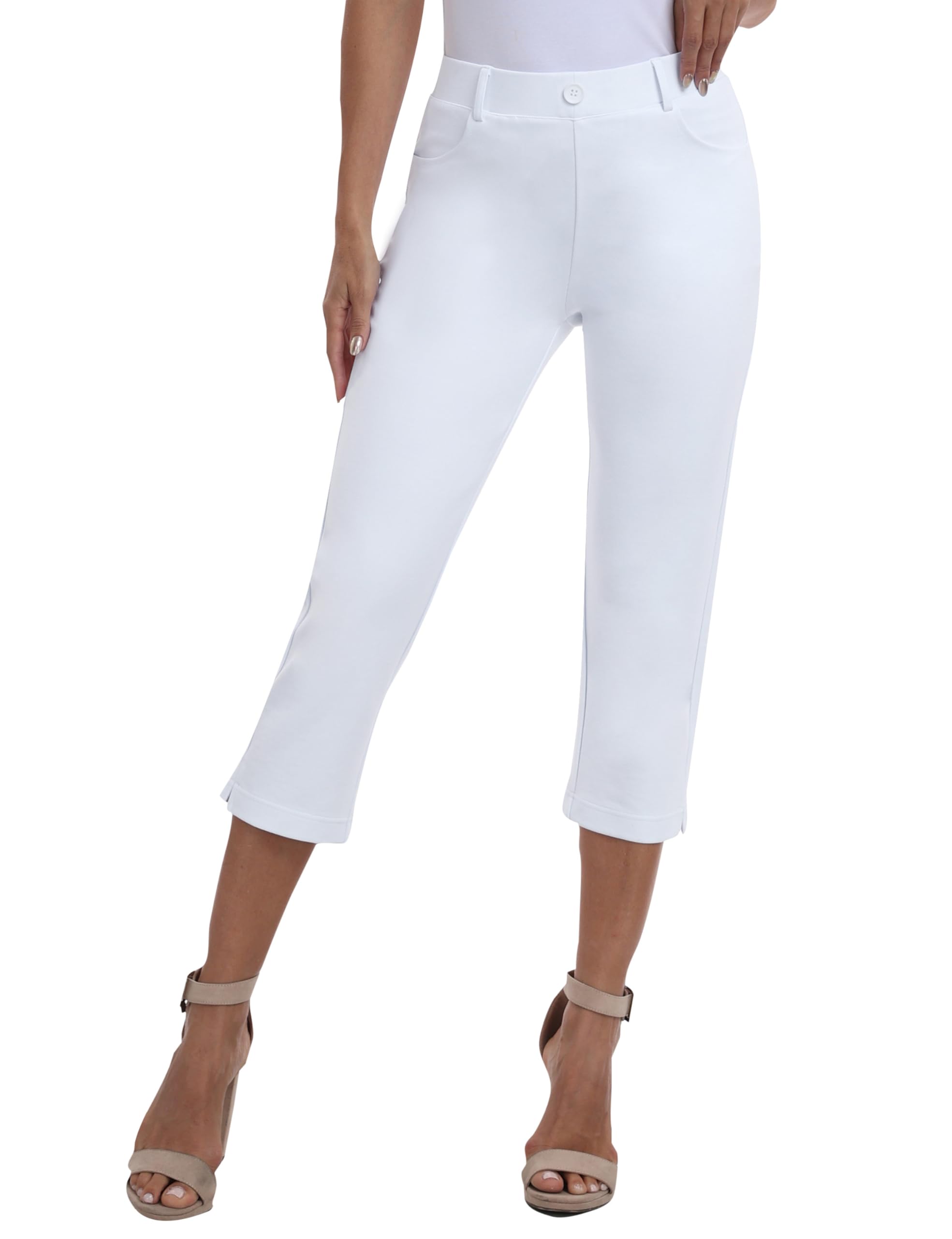 MoFiz Womens Capris Pull-On Stretch Straight Leg Elastic Waist Cropped Dress Pants with Pockets for Golf Yoga Office