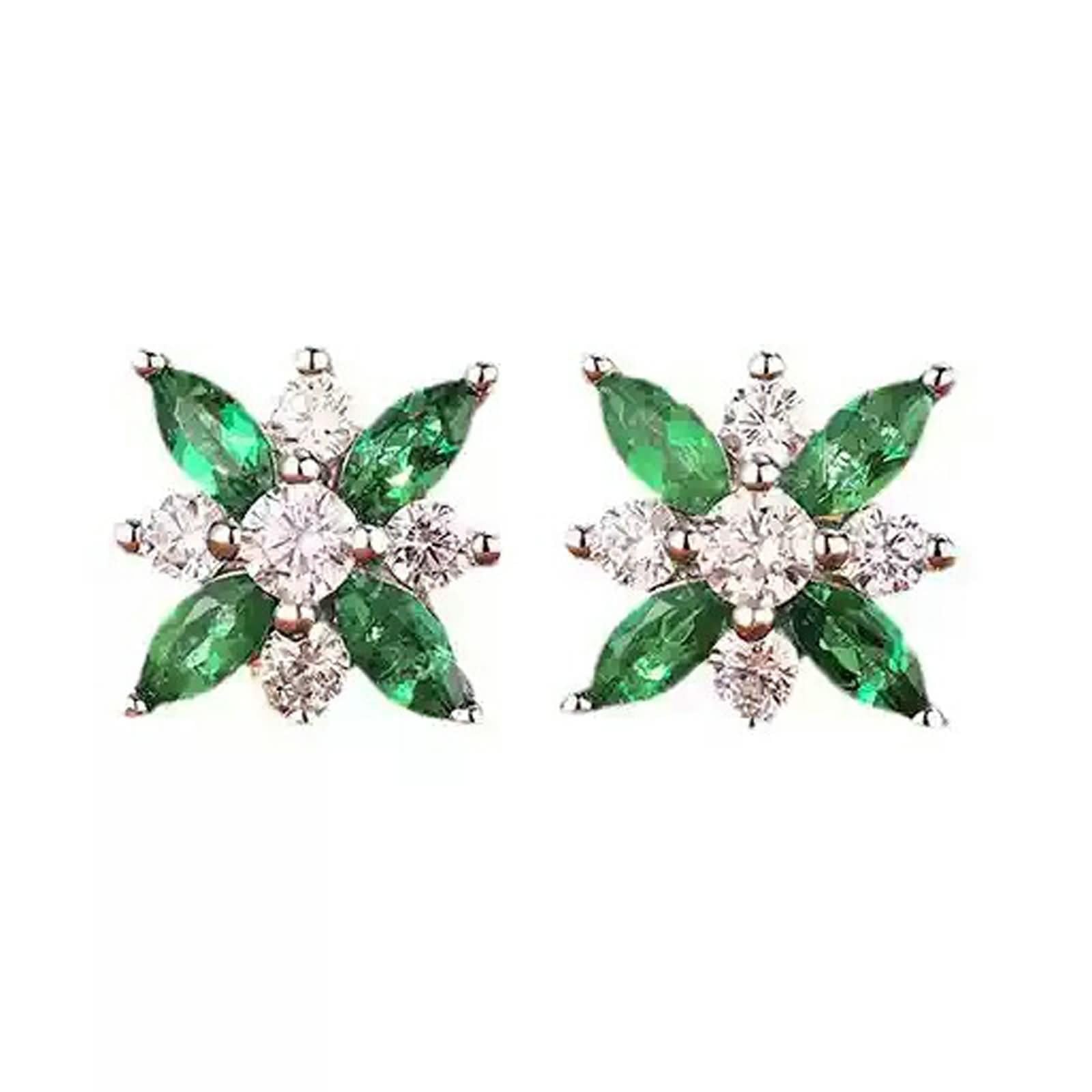 Weißgold Ohrringe 9K / 14K / 18 Karat für Damen, Blume mit Erstellter Smaragd 0,4 Karat und Moissanit, Durchzieher Damen Ohrringe Silber Grün
