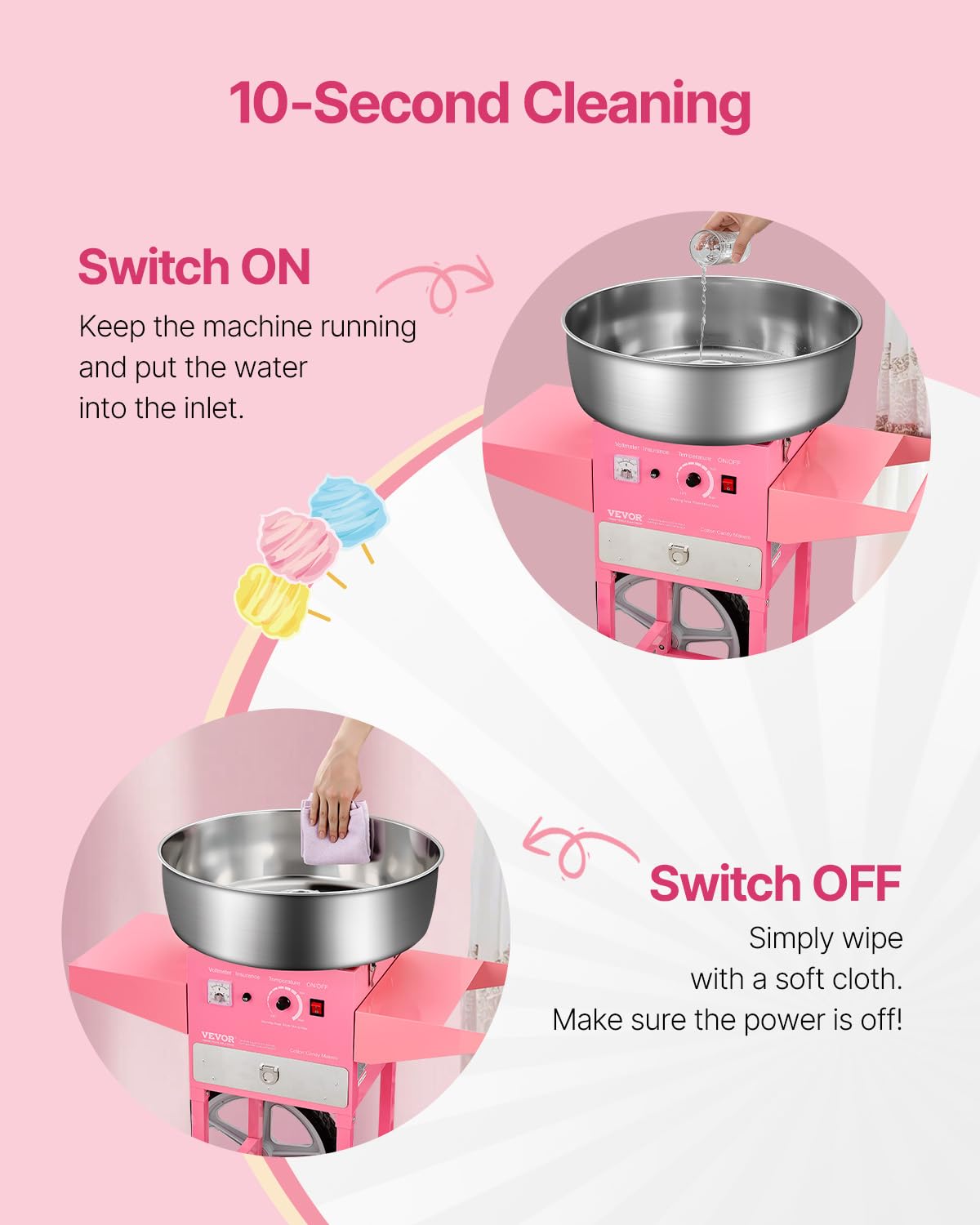 VEVOR Machine à barbe à papa électrique avec chariot, 1000 W, appareil à barbe à papa commercial avec bol en acier inox de 52 cm, cuillère à sucre et tiroir, pour fêtes d'anniversaires d'enfants, rose