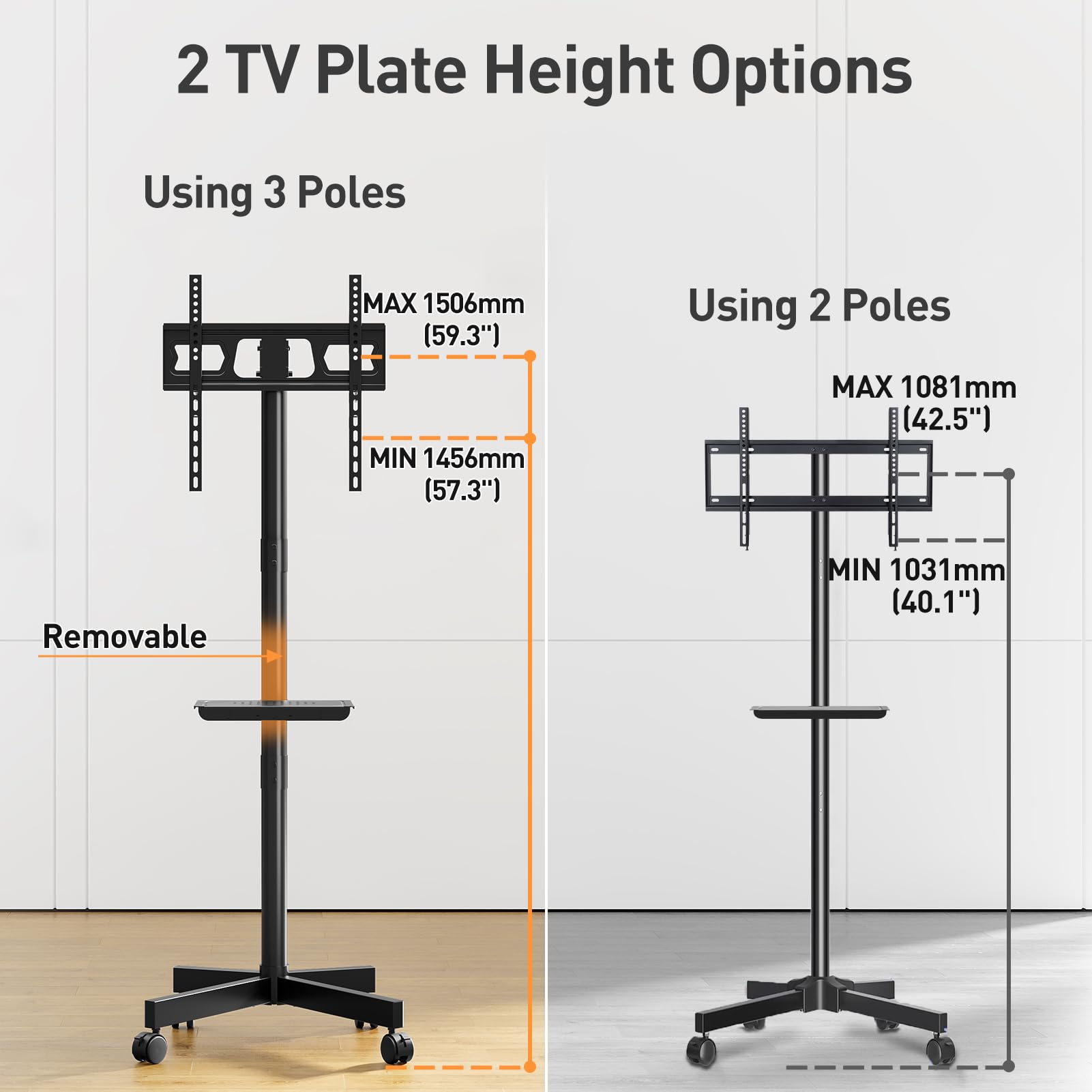 ELIVED Mobilny stolik pod TV na kółkach 26-65 cali, stojak pod telewizor | Regulacja wysokości i pochylenia, wózek TV na kółkach, VESA do 400x400 mm, udźwig 35 kg, dodatkowa półka w zestawie