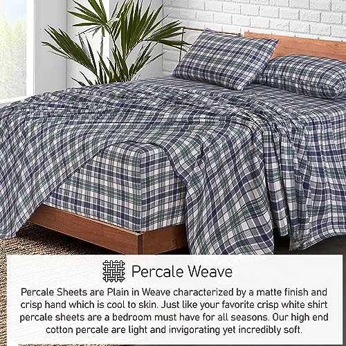 RUVANTI 100% Cotton Split King Sheets Sets for Adjustable Bed, 5 PCs, Soft & Breathable Percale Weave Bedding, Deep Pocket 16", Hotel Standard, Crisp Cool Feel & Durable Sheet, Greenish Blue Plaid