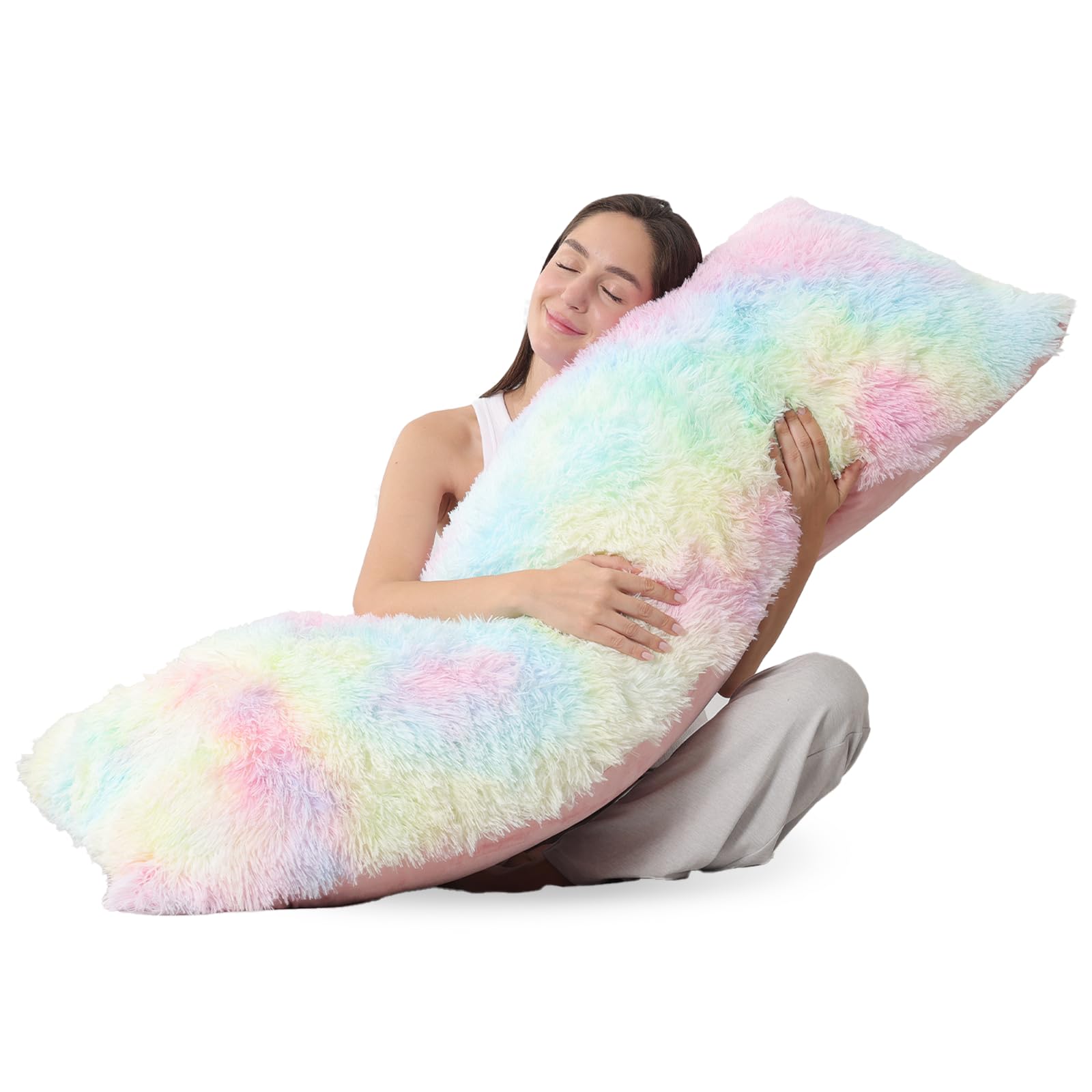 ZonLi Fluffy Body Pillow for Adults, Fuzzy Faux Fur Long Pillow with Shredded Memory Foam, Adjustable Support for Side Sleepers, Gifts, 20 x 54 Inch, Rainbow