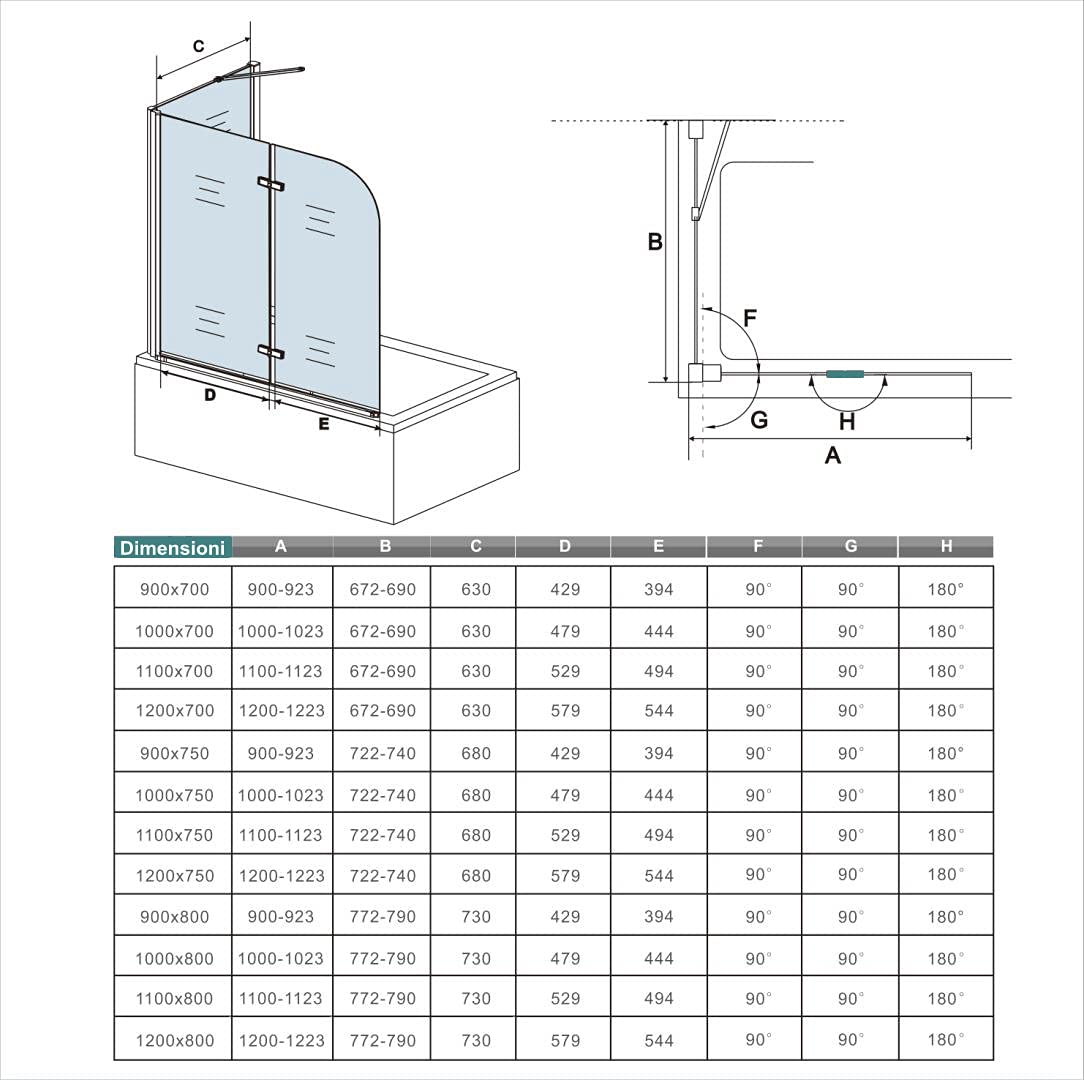 Box doccia a plafone 180 gradi di vetro 6 millimetri trasparente 120x80x140cm
