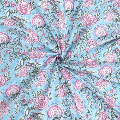 Image of TOAI Hand Block Printed Bedsheet | Bed Spread Flatsheet Bed Sheet | Pure Cotton | Queen Size 90 inchx108 inch | 300 TC Long Staple Cotton | 2 Reversible Pillow Covers |Pink Florals On Blue