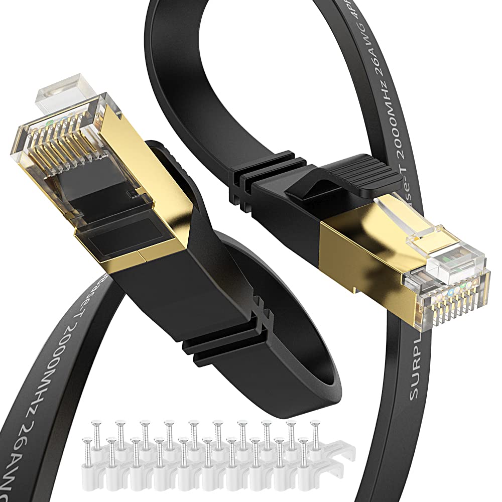 Câble Ethernet Cat8 de 30,5 m, noir, 40 Gbit/s, haut débit, extérieur et intérieur, double blindage avec fil de terre et cordon plat RJ45 plaqué or pour caméra IP longue distance, TV, routeur, NAS (50
