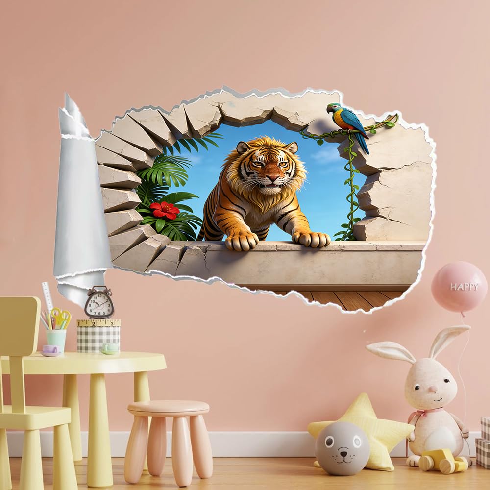 Pegatinas de decoración de pared 3D Tigre Pegatinas De Pared Calcomanías Murales De Pared Rotas 3D Loro De Flores Vinilo De Pared Arte Hogar Decoración De Pared