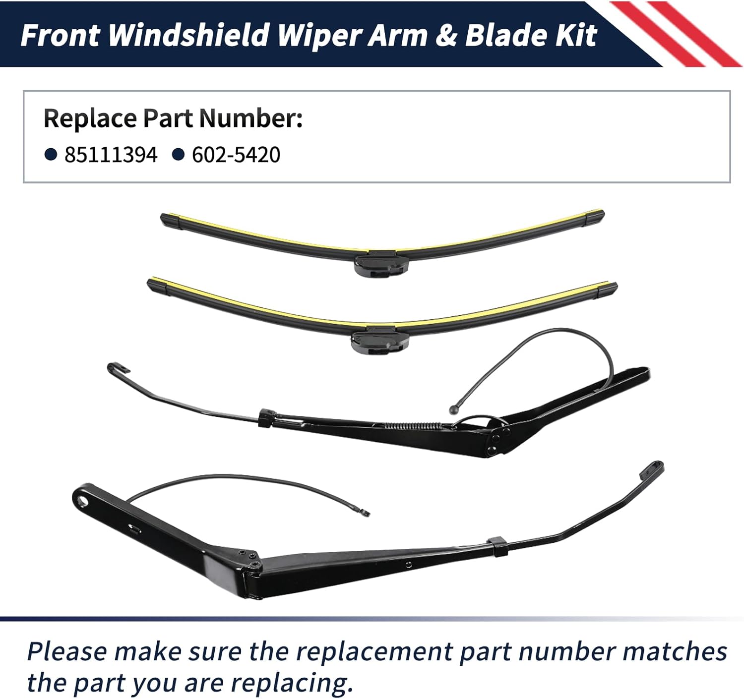 1 Pair Front Windshield Wiper Arm & 22" Blade Kit 602-5420 85111394 Compatible With Volvo VNL 2008 2009 2010 2011 2012 2013 2014, Does not fit late-2014 models