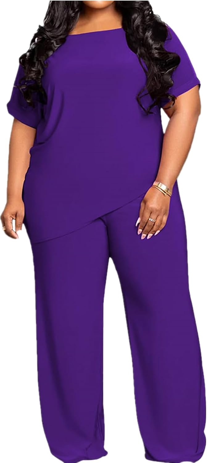 Plus Size 2 Piece Sets for Curvy Women Sexy Casual Summer Short Sleeve Tops Wide Leg Pants Sweatsuits Sets