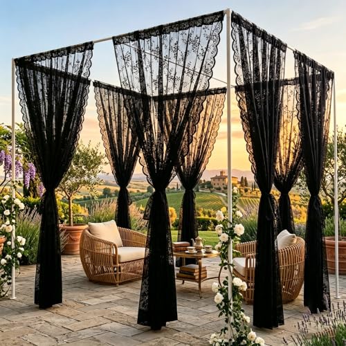 Cortinas de cama con dosel de encaje negro con acabado sofisticado para camas King size 3