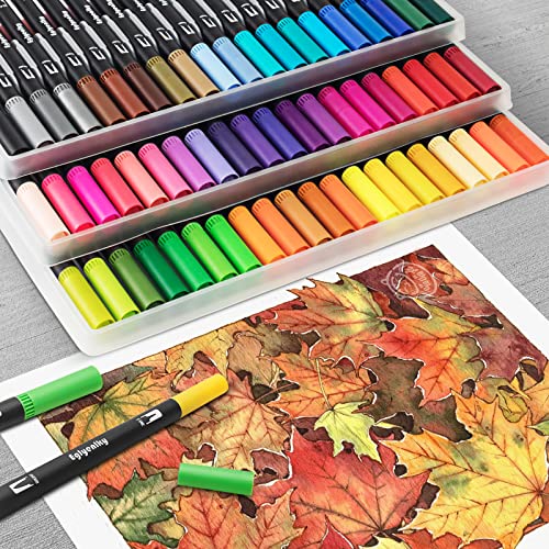 Image of Eglyenlky 60 Coloring Pens for Adult Coloring Books, Dual Tip Brush Pens, Felt Markers with Fine and Brush Watercolor Marker Set for Kid Adult Artist Drawing