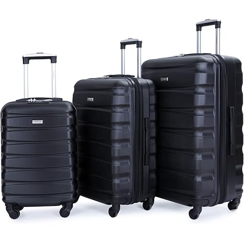 3 Piece Luggage Sets, ABS Hardside Lightweight Suitcase with Two Hooks, Expandable, Spinner Wheels, TSA Lock 20in 24in 28in (Black)