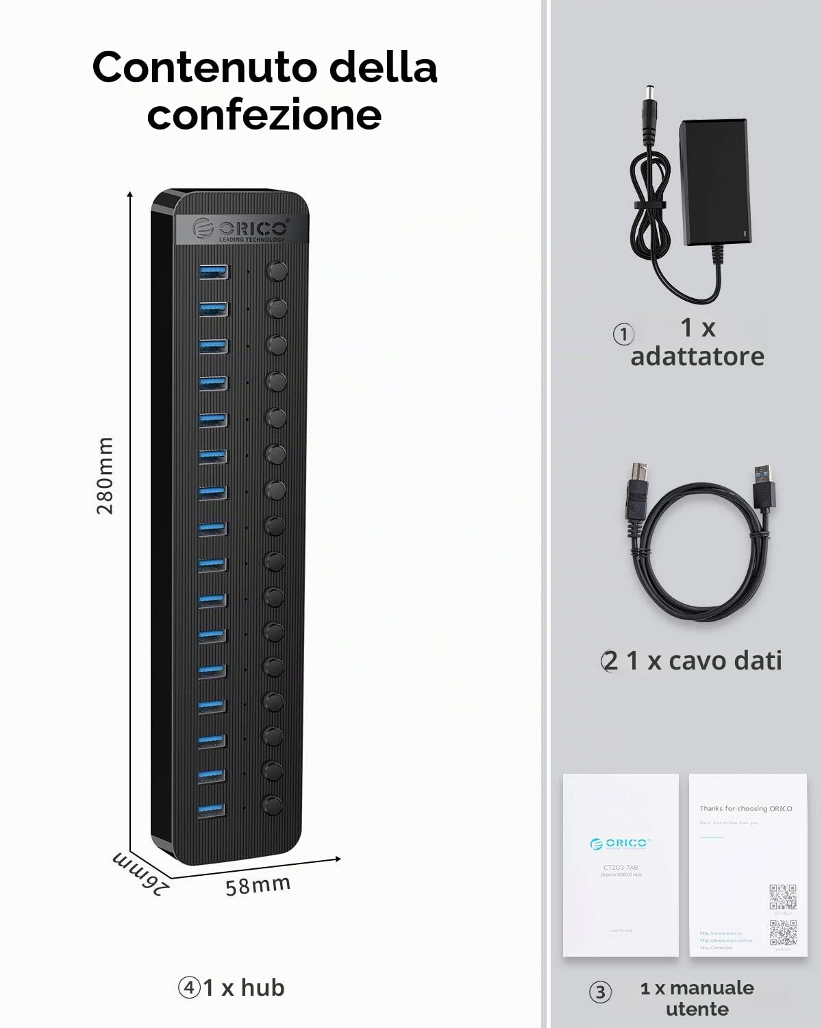 ORICO HUB USB 3.0 Attivo 16 Portes Alimentato 78W Alimentazione 12V / 6.5A con Alluminio Interruttore ON/OFF Individuale per Computer Desktop, PC, iMac, HDD Mobile, Unità Flash, Ricarica IiPad