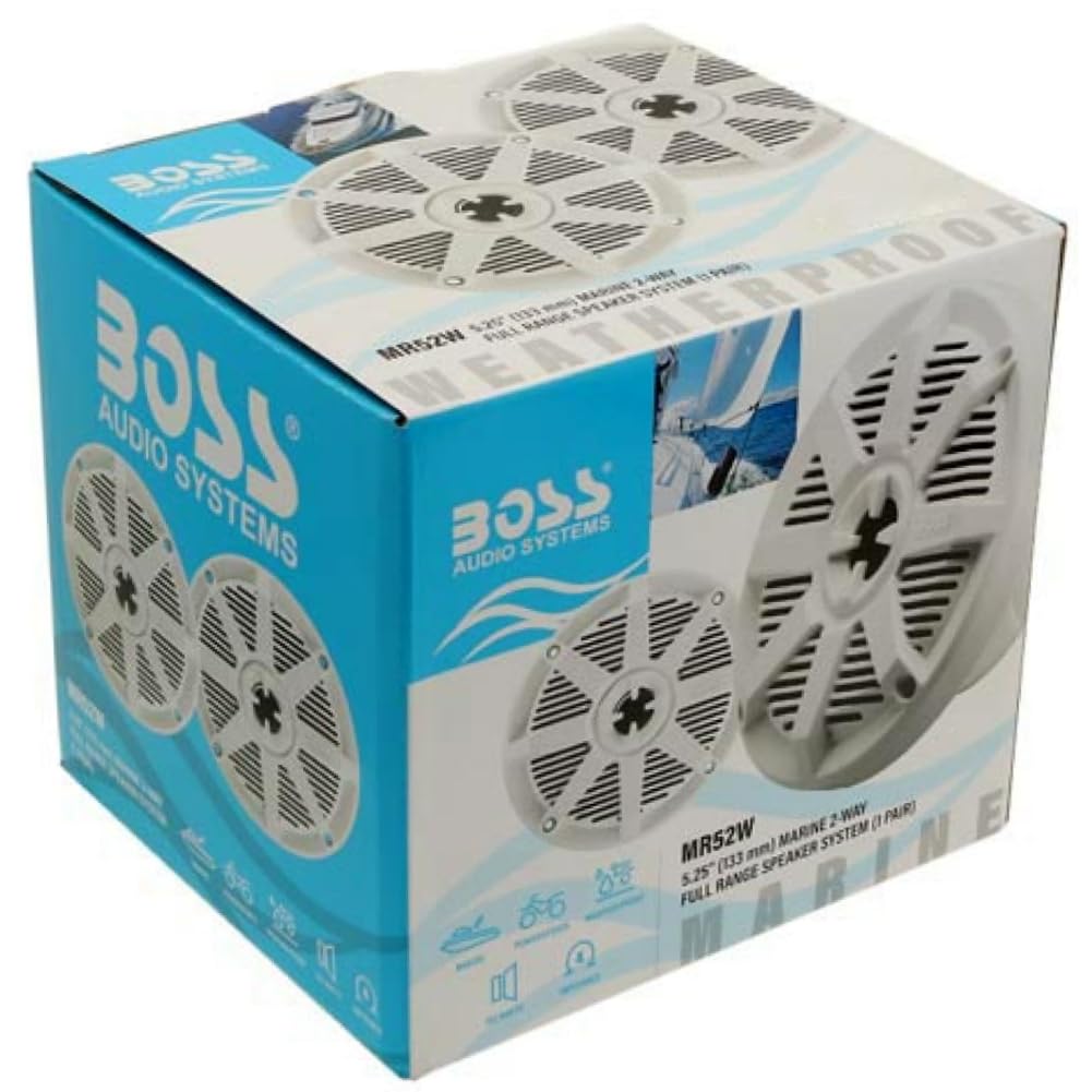 KIT SET PER BOSS AUDIO SYSTEMS MR52W 2 altoparlanti marini bianchi 2 vie 5,25" 13 cm 130 mm, 75 watt rms 150 watt max, impermeabili, mare, piscina, barca, hotel, a coppia + accessori omaggio
