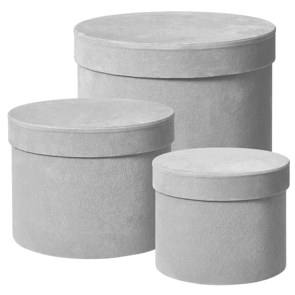 Round Grey Velour Hat Boxes - Set of 3 - Florist Wedding Table Storage Display