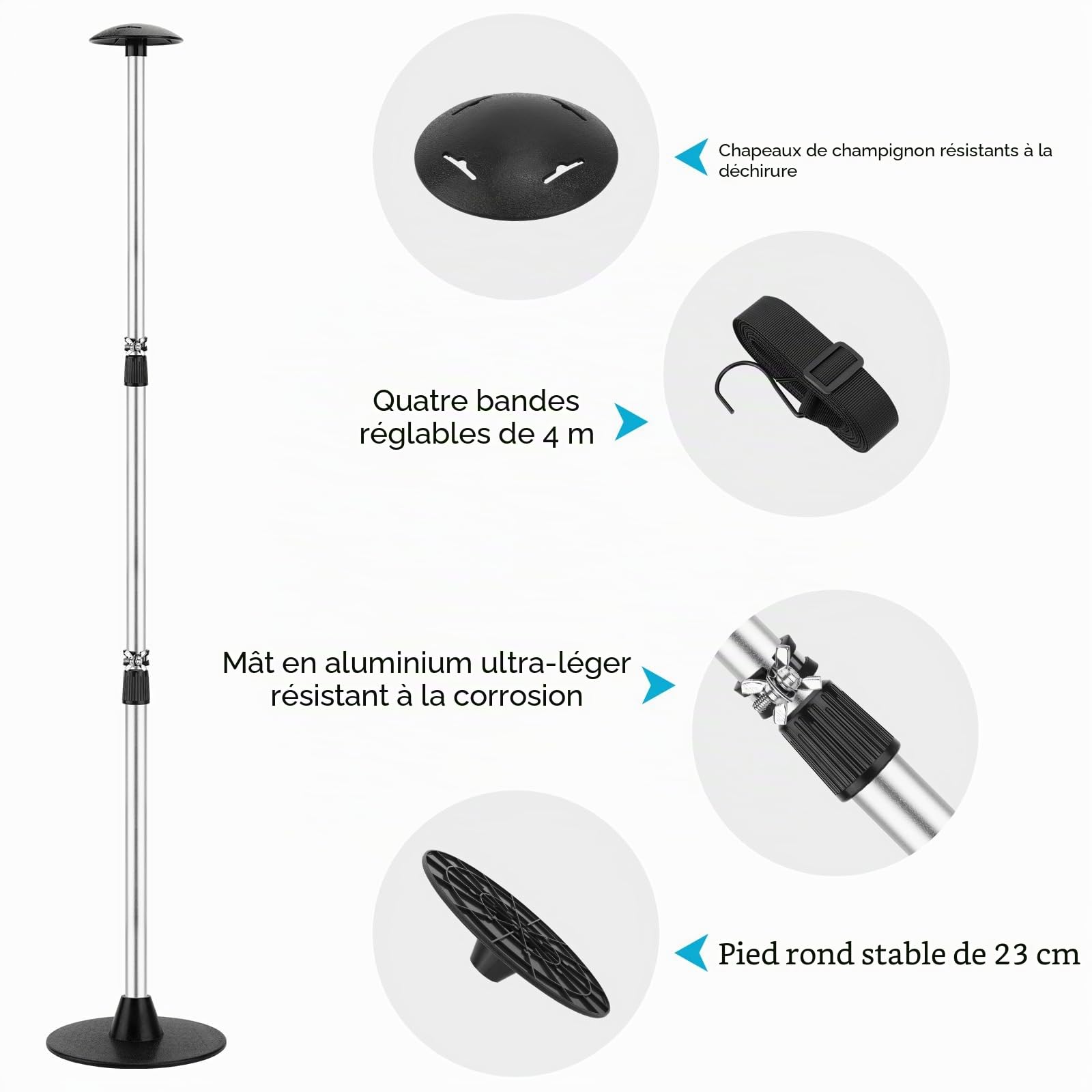 KOMCLUB Support pour Housse de Bateau en Aluminium léger | Perche télescopique en aluminium en 3 parties, dotée d'un système de verrouillage rapide interne robuste