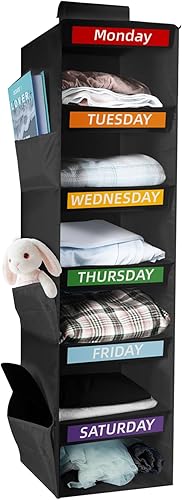 Organizador semanal de ropa con 6 estantes para niños, organizador colgante para niños y adultos, estantes plegables para armario, de lunes a