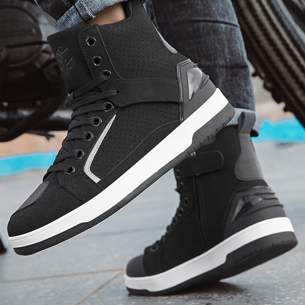 SDEQA Scarpe Moto Uomo Stivali da Motocross Strada Casual | Traspirante Antiscivolo Supporto per La Caviglia Suola Antiscivolo Impugnatura del Cambio
