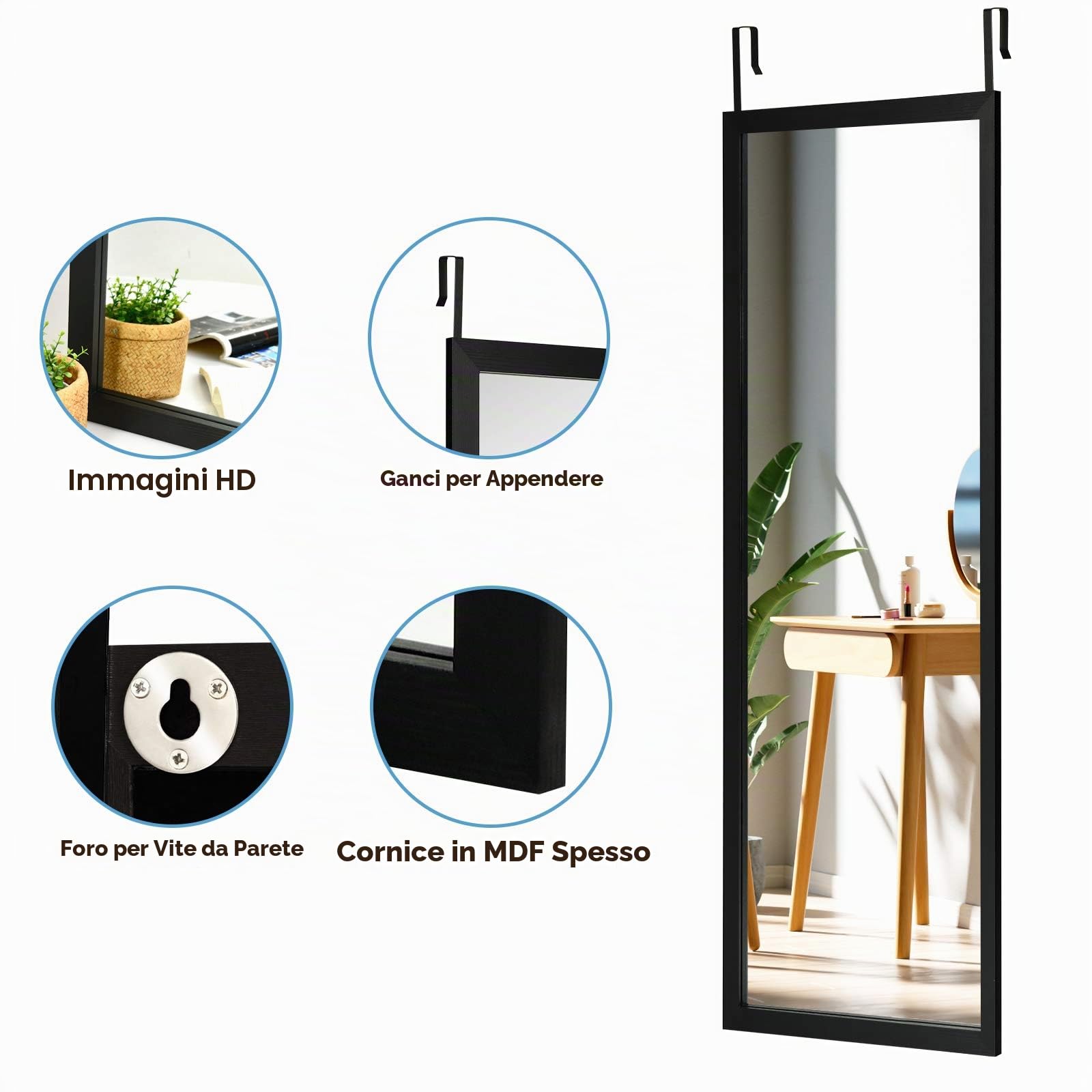 RELAX4LIFE Specchio Sospeso Rettangolare, Appendere alla Porta o alla Parete, Antideflagrante, a Figura Intera, per Ingresso, Bagno, Camera da Letto, 120x37x1,6 cm (Nero)