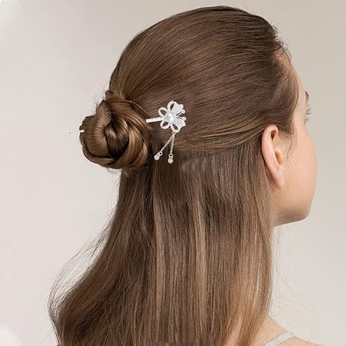 Miniatura 7 de Paquete de 3 palillos chinos para el cabello pasador japonés con diamantes de imitación vintage con borlas hechos a mano palillos de moño para