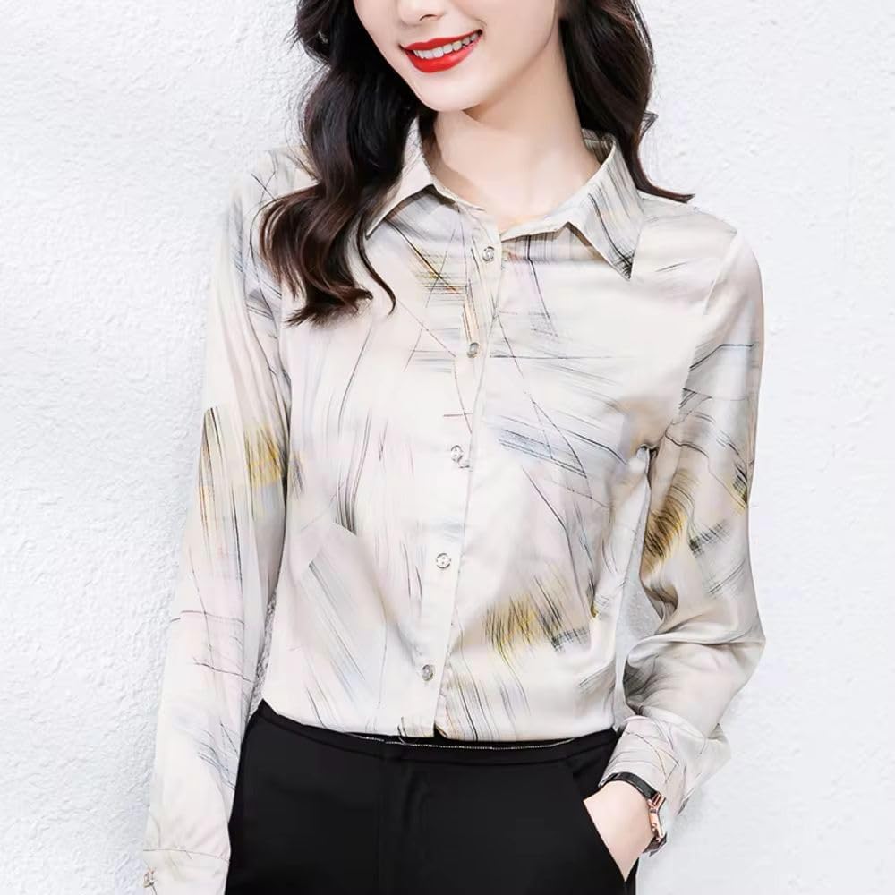 Women's Satin Blouse Gradient Irregular Lines Printed Casual Top Shirt