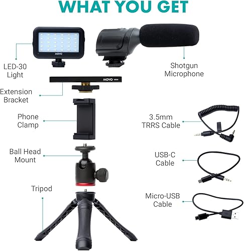 Miniatura 2 de Movo uVlogger - Kit de vlogging compatible con Android/USB-C Accesorios para smartphones: trípode, montaje, luz LED y micrófono de escopeta para