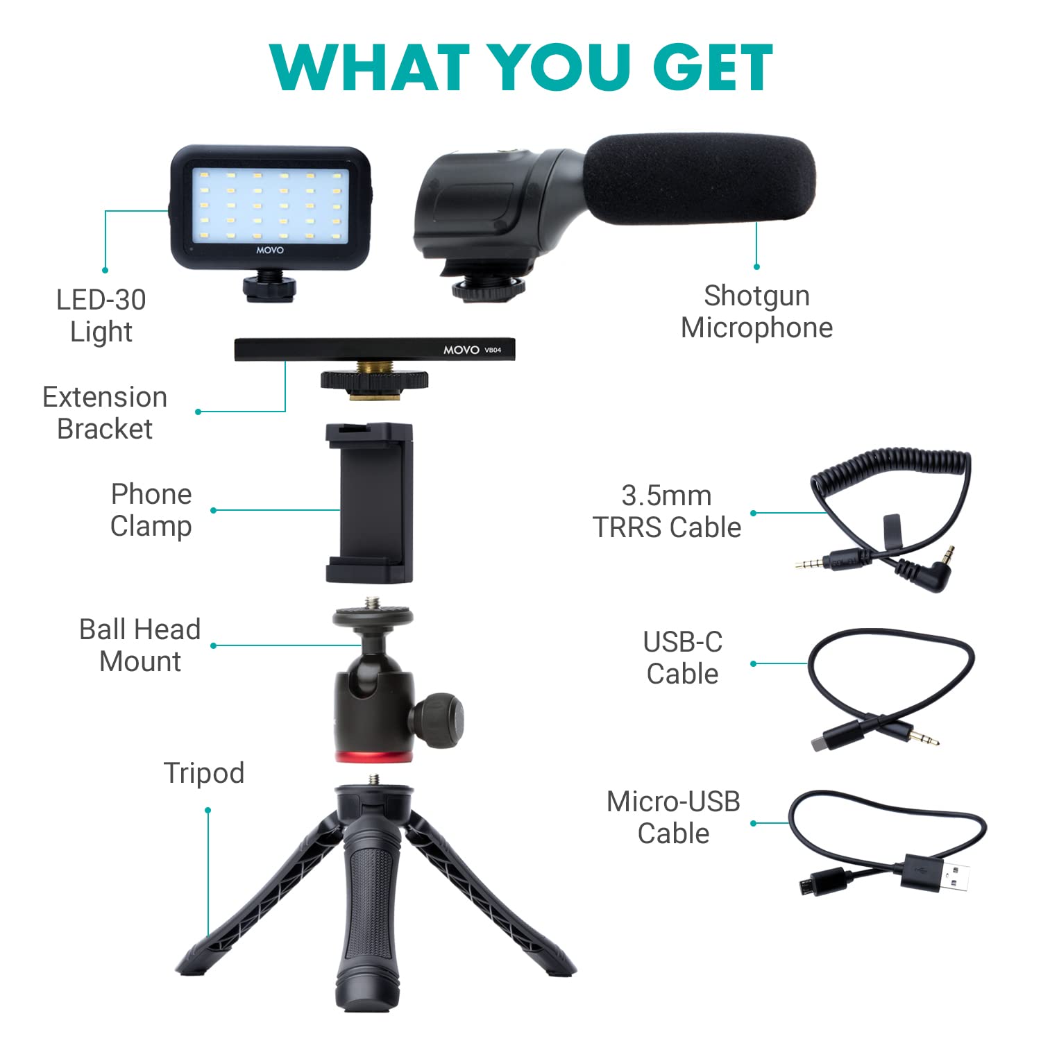 Movo uVlogger- Android/USB-C/iPhone 15 kompatibles Vlogging-Kit: Handy-Stativ, Handyhalterung, LED-Licht, Shotgun-Mikrofon - YouTube-Starter- und Content-Creator-Kit