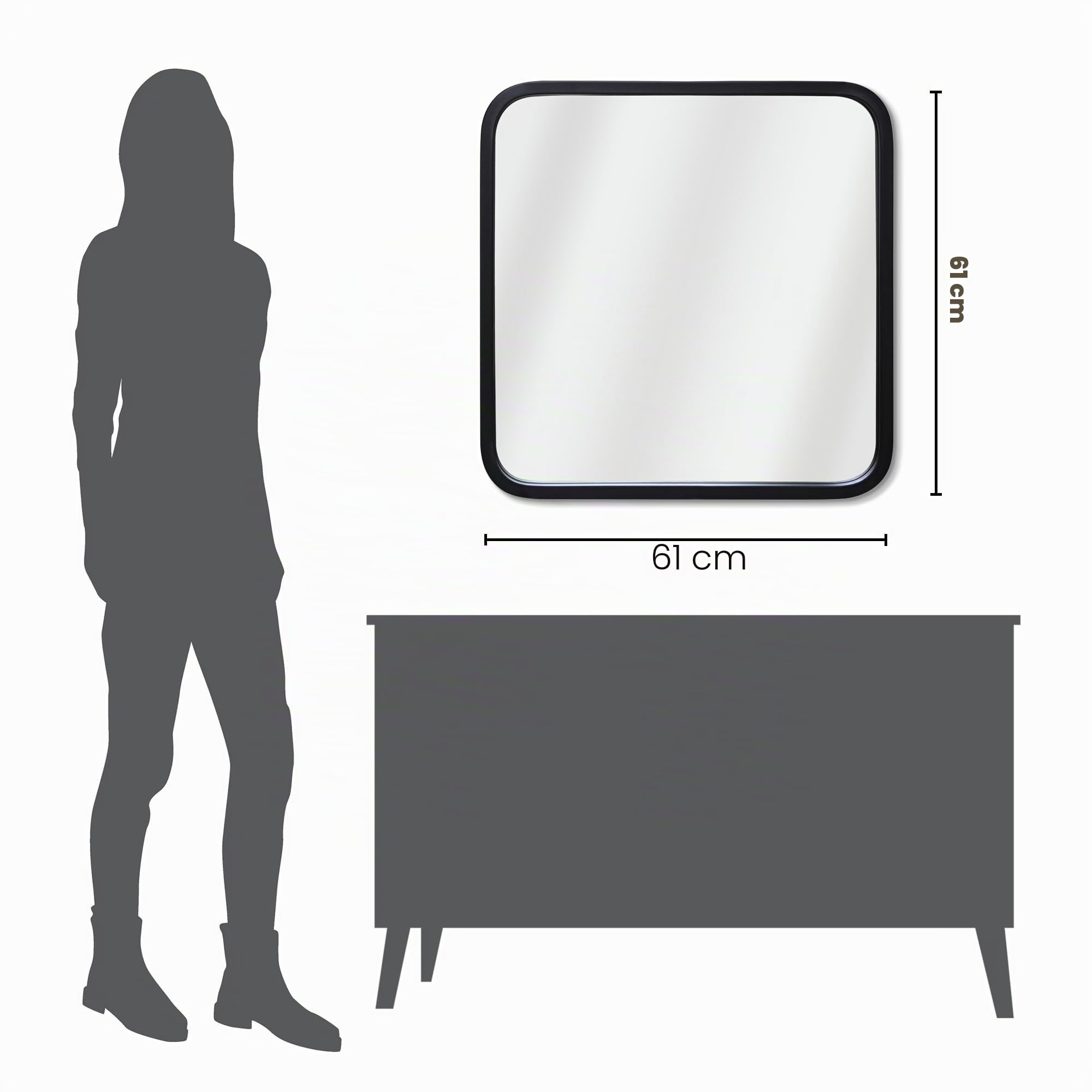 Americanflat Specchio Quadrato da Parete 61x61 cm con Cornice Nera Arrotondata - Specchio da Parete Moderno per Bagno, Camera e Salotto - Specchio da Muro Quadrato