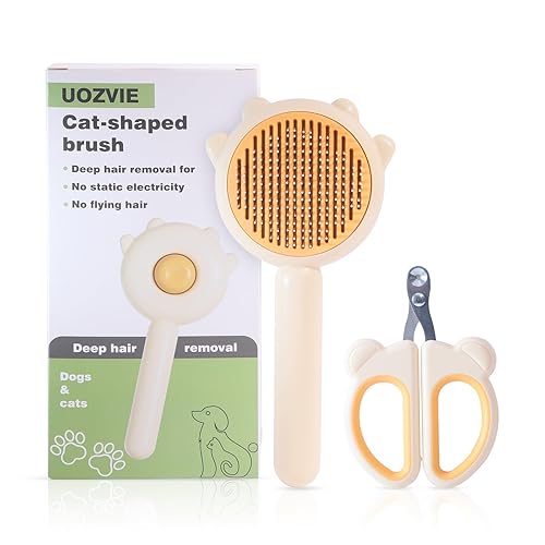 Cepillo de aseo para limpieza de pelo de gato, paquete de 2 accesorios para gatos, cepillo para gatos con botón de liberación y cortaúñas