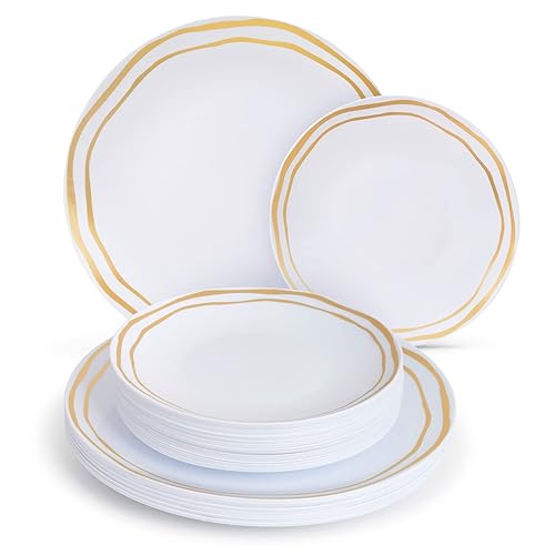 36 platos desechables dorados y blancos de la colección Offset  12 platos para aperitivos 12 platos de cena 12 platos dorados de postre platos disponible en Yaxa Colombia