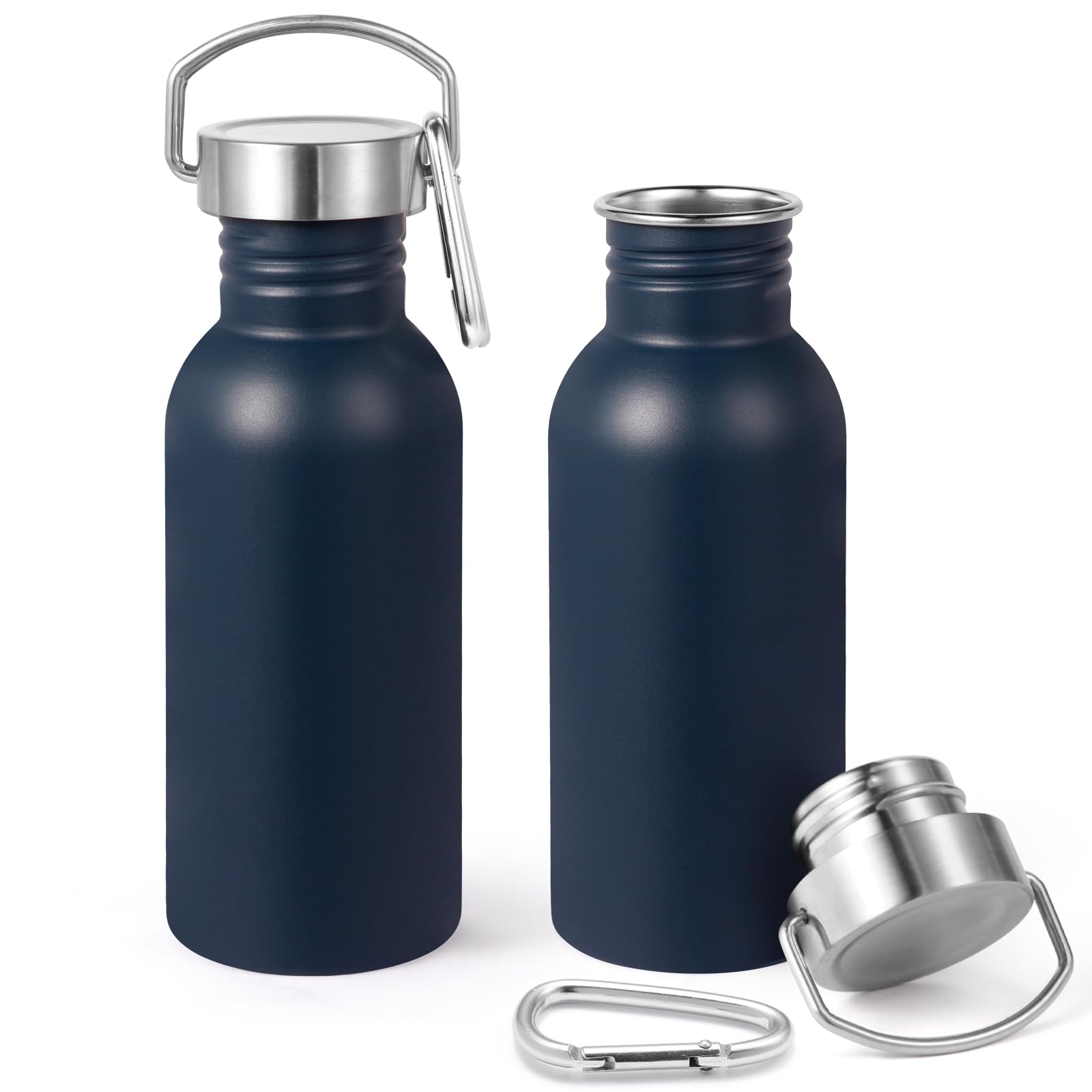 Volhoply 600ml Uninsulated Single Walled Water Bottles 2 Pack, Stainless Steel Reusable Water Bottle with Handle & Carabiner, BPA Free 18/8 304 Sports Water Bottles for Camping Hiking（Navy,2）