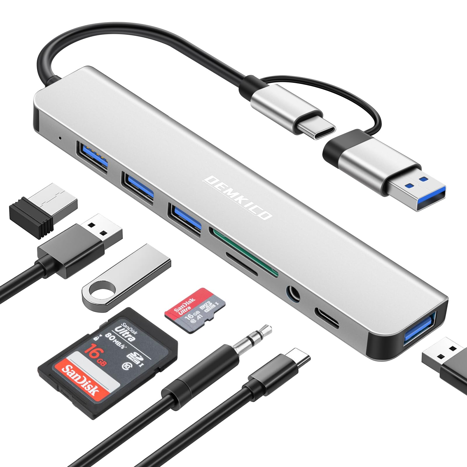 DEMKICO 8 in 1 USB-Hub, USB C Adapter mit 4 USB-Anschlüssen, SD/TF-Kartenleser, 3,5 mm Audio, USB-C-Datenanschluss, kompatibel mit MacBook Pro/Air/XPS/Tablet/Smartphones und mehr (Silbrig)