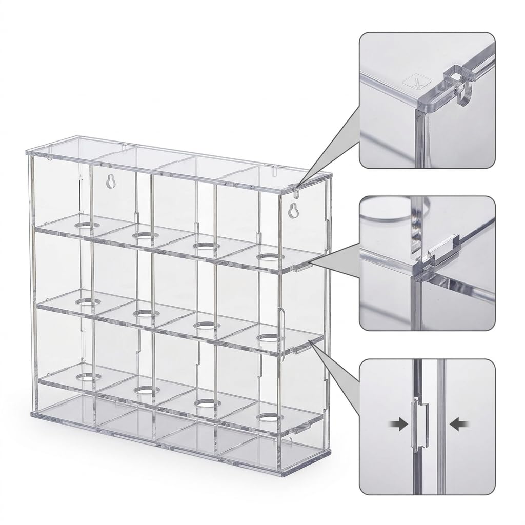 Vitrina Pared para coleccionables acrílica, Caja Almacenamiento a Prueba Polvo para Pelotas béisbol, para Mostrar , 12 Compartimentos (340x95x280 mm)