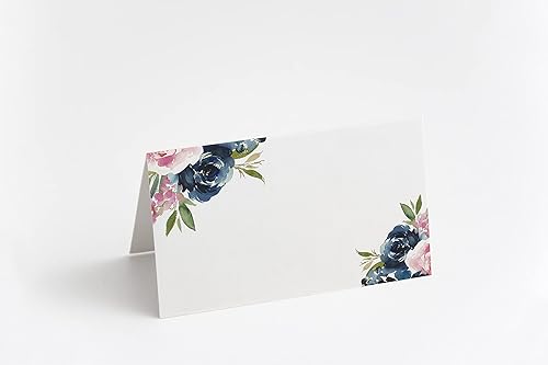 Miniatura 3 de Tarjetas individuales de acuarela azul marino y rubor (juego de 50), tarjetas de mesa de campaña en blanco con flores rosas, tarjetas de mesa para