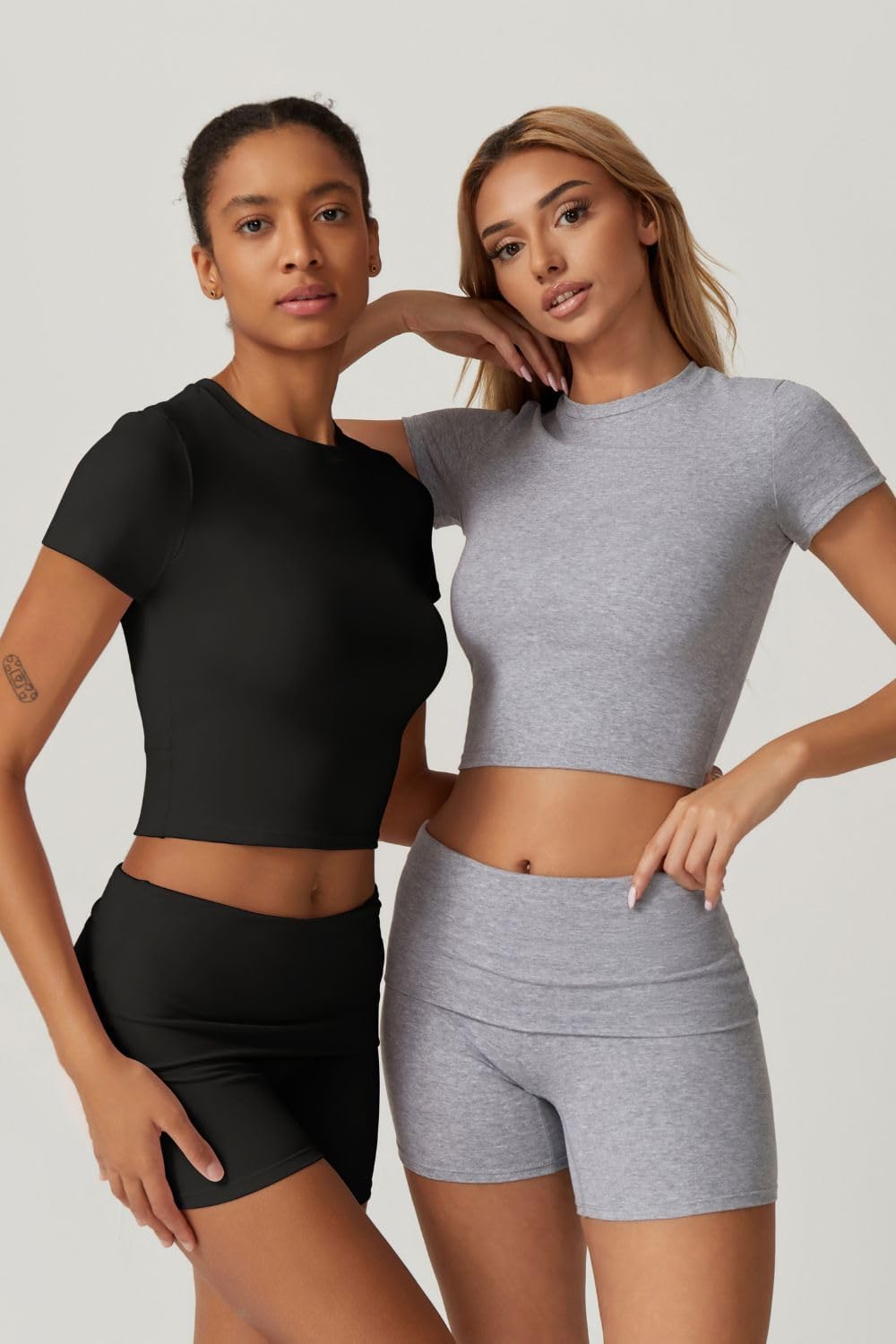 QINSEN Women's 2 Piece Outfits Lounge Sets Slim Fitted Short Sleeve Crop Tops Fold Over Shorts Casual Comfy Trasuits - Image 4