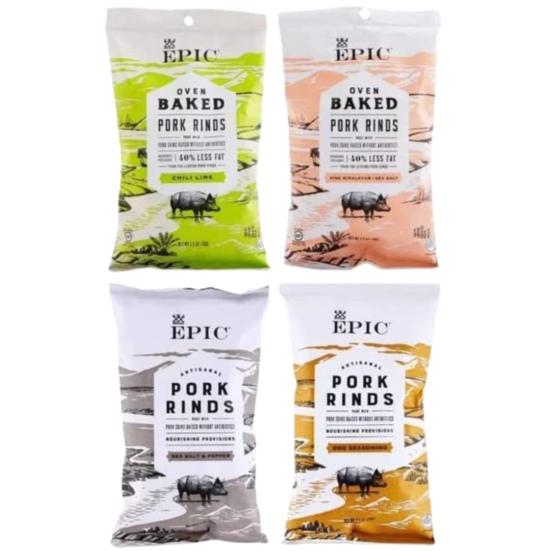 Artisanal Oven Baked Pork Rinds, Variety Pack, Chili Lime, BBQ, Pink Himalayan Sea Salt, Sea Salt & Pepper, 2.5 oz. (4 Count)