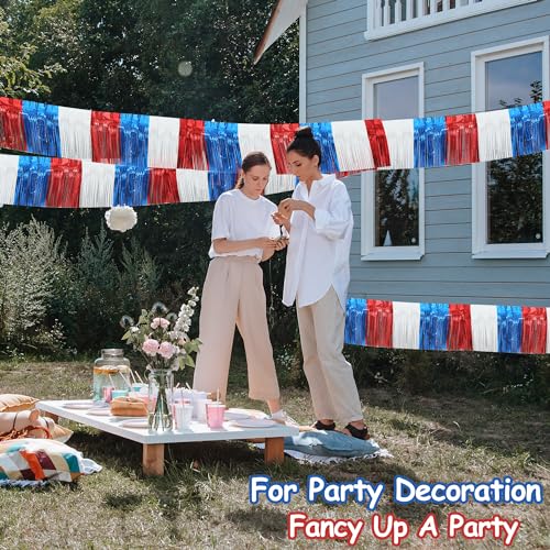 Image of 4 Pack 39 Feet Foil Fringe Garland Metallic Tinsel Streamers Banner Wall Hanging Fringe Backdrop Banner for Parade Floats Wedding Birthday Party Decoration (Royal Blue Red White)