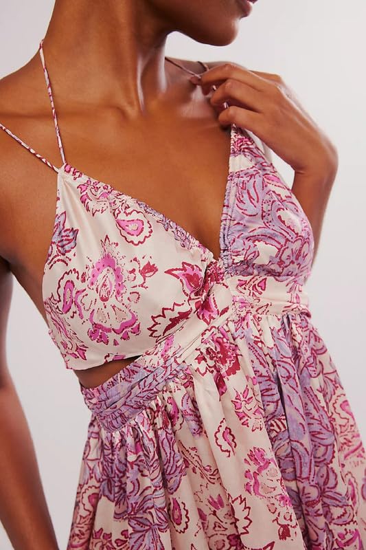 Image of Women Boho Floral Mini Cami Dress Spaghetti Strap Flowy Sling Dress Graphic Backless Summer Holiday Sundress