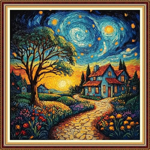 Image of Fanxvivy Stamped Counted Cross Stitch Kits for Adults Printed Cross-Stitch Patterns 11CT Stamped or Counted Cross Stitching Embroidery Kit Needlepoint Kits-Starry Night Garden Trail 18x18 inch