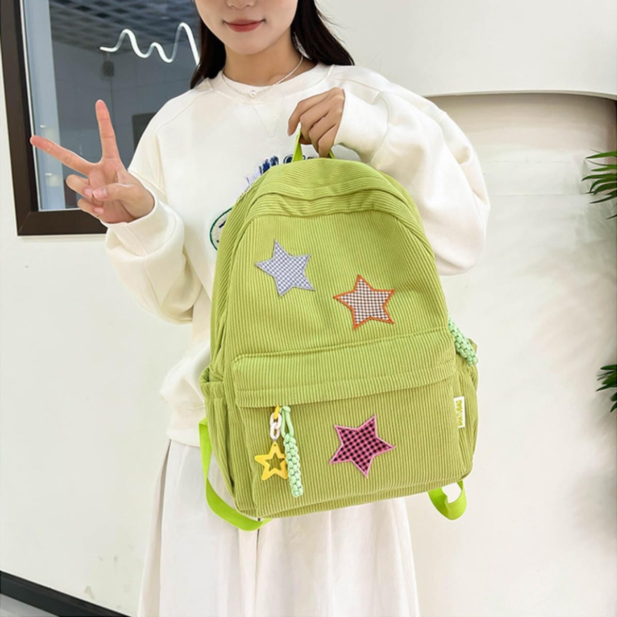 Star Backpack Kawaii Large Capacity Aesthetic Rucksack Cute Accessories Bag for Woman Light-hearted Mori (Green,Large) - Image 4