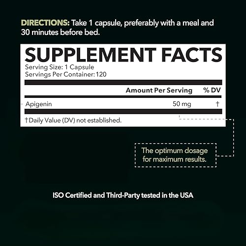 Miniatura 2 de Apigenin Cápsulas de 50 mg  120 unidades veganas, sin OMG, suplemento de apoyo cognitivo y para el sueño  Flavonoide de manzanilla para relajación,