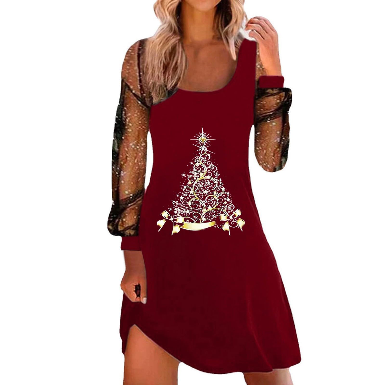 Women Christmas Dresses UK Sexy Spaghetti Strap Tank Dress with Mesh Long Sleeve Santa Xmas Dresses Plus Size Women's Soft Santa Costume for Chirstmas Party Prom