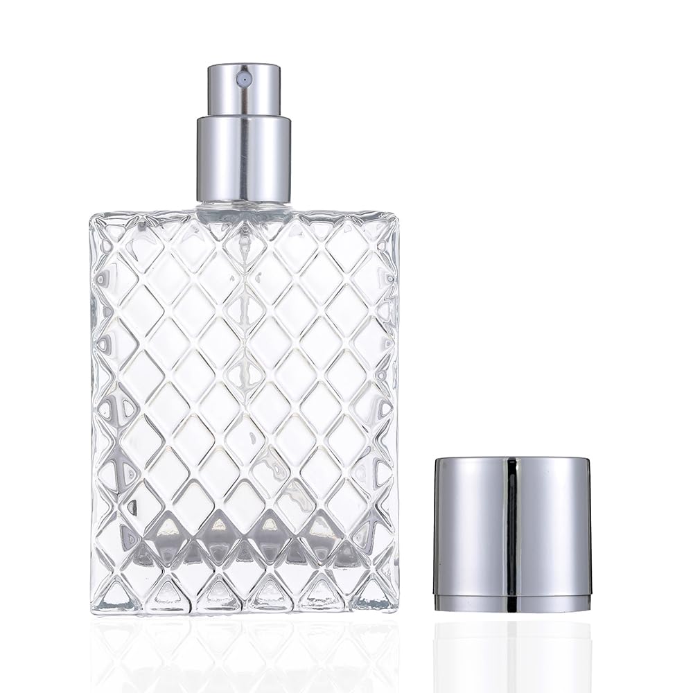 Bottiglia spray per profumo, da 50 ml / 1,7 fl.oz, con nebulizzatore trasparente, ricaricabile, in vetro, flacone vuoto, dispenser quadrato portatile, Argento, 1.7 Ounces