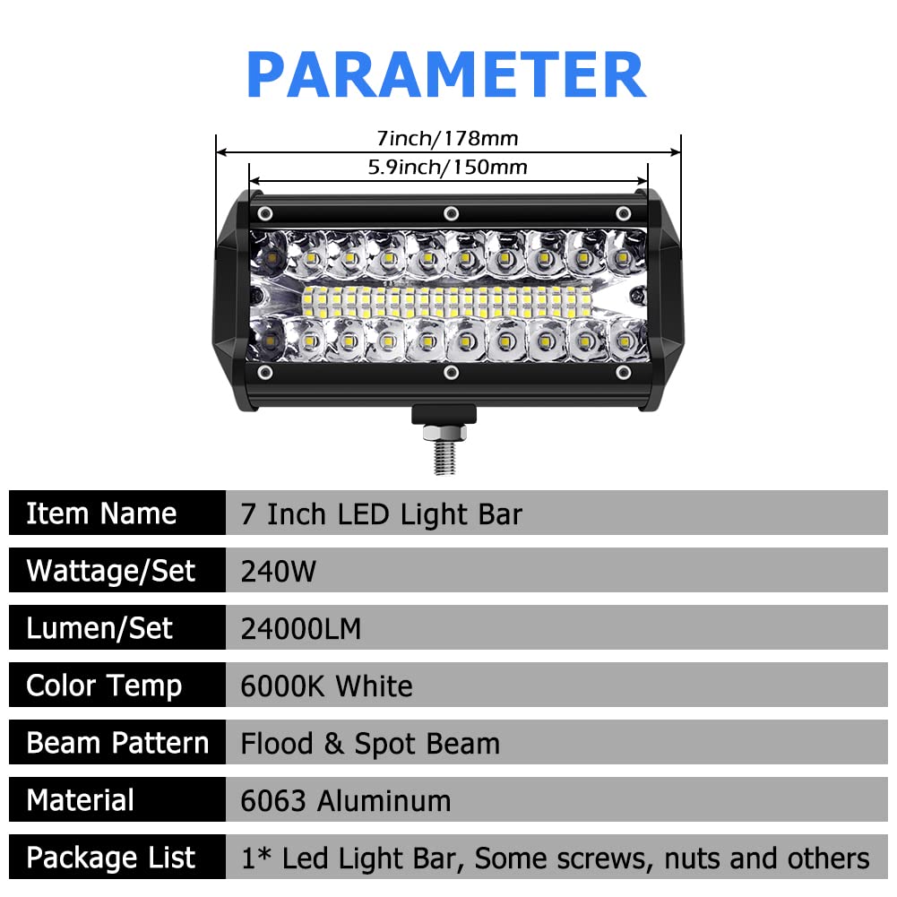 Snapklik.com : 7 Inch Led Light Bar, 240W 24000LM Flood Spot Combo Beam ...