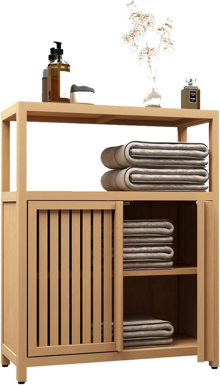 Bathroom Storage Cabinet, Bamboo Sideboard Cabinet Furniture Large Capacity with Open Shelf and 2 Doors Floor Standing Cabinet (32" Cabinet)