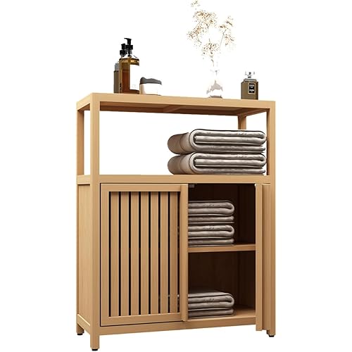Bathroom Storage Cabinet, Bamboo Sideboard Cabinet Furniture Large Capacity with Open Shelf and 2 Doors Floor Standing Cabinet (32" Cabinet)