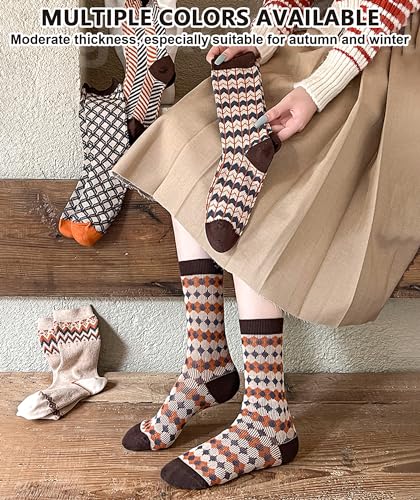 Image of IIG 3-5 Pairs Womens Vintage Cozy Crew Socks Soft Cute Neutral Cotton Socks Exquisite Patterns Socks Gift