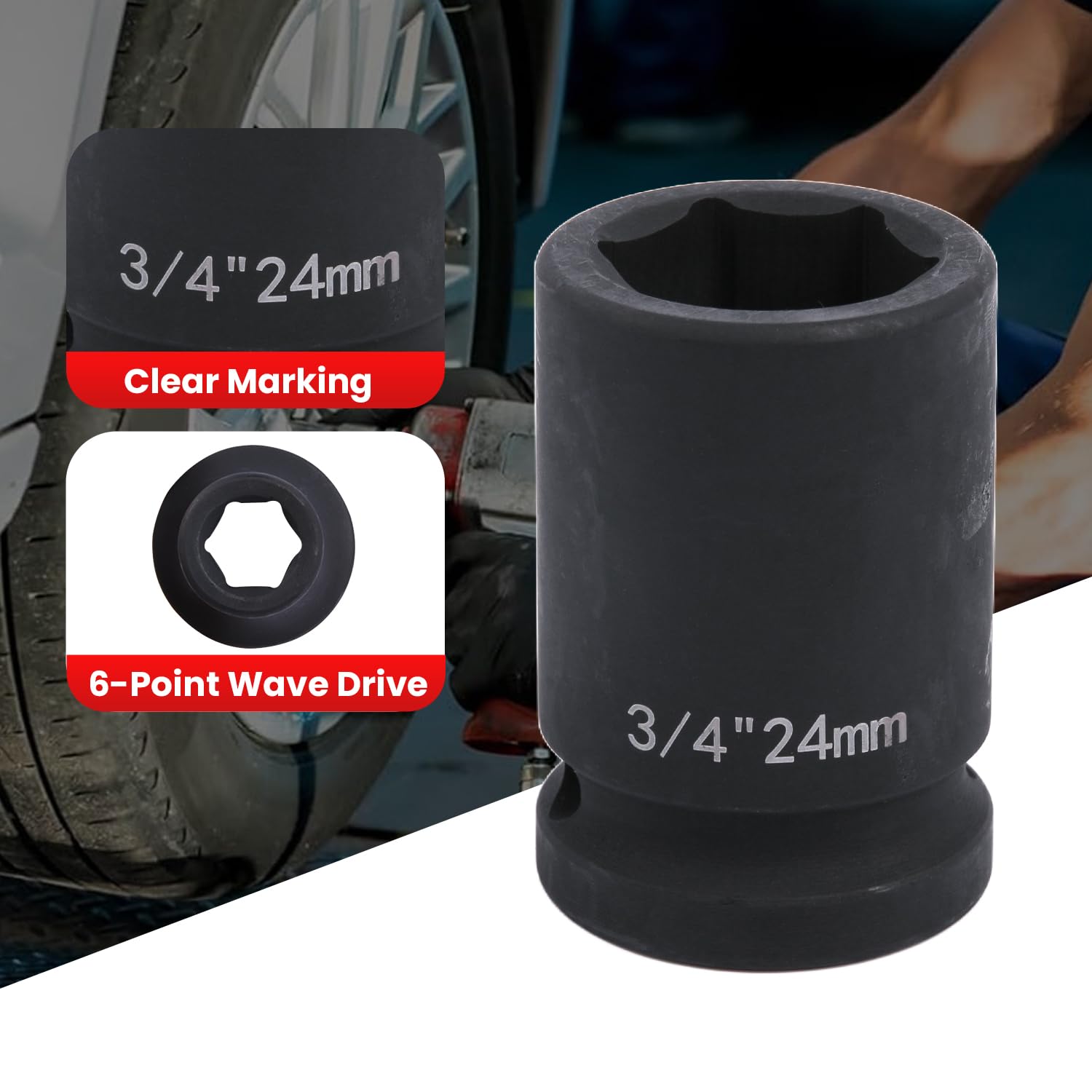 Deep 6-Point Impact Socket 3/4" Drive 24mm,Chrome Molybdenum Steel, Anti-Rust Metric Hex Socket for Car Repairs and Impact Wrench - Image 3
