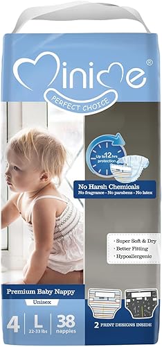 Minime Pañales para bebé, talla 4 (22-33 libras), grande, 38 unidades, pañales desechables ultra suaves de alta calidad, hipoalergénicos, sin