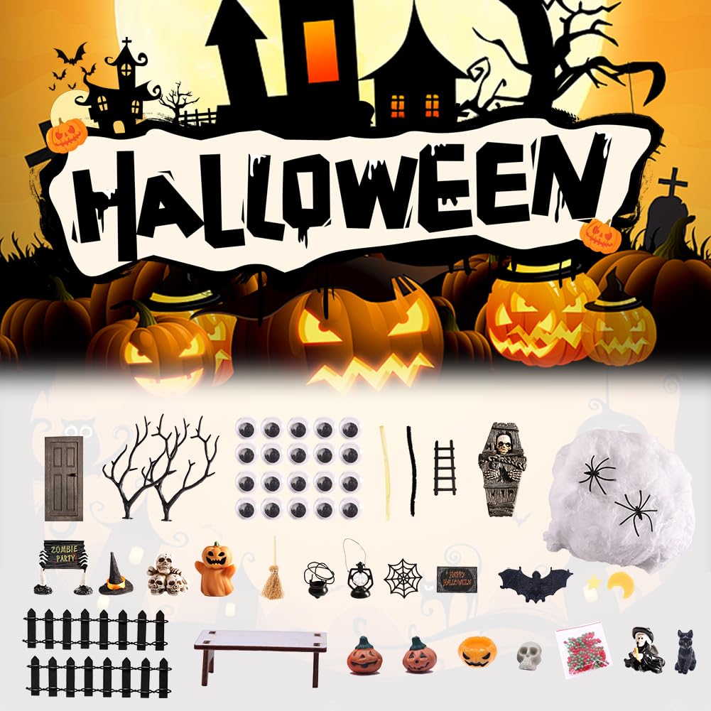 25-teiliges Halloween-Dekorationsset – Mini-Figuren Für Puppenhaus & Partys – Inkl. Spinnen, Hexenhüte, Katze